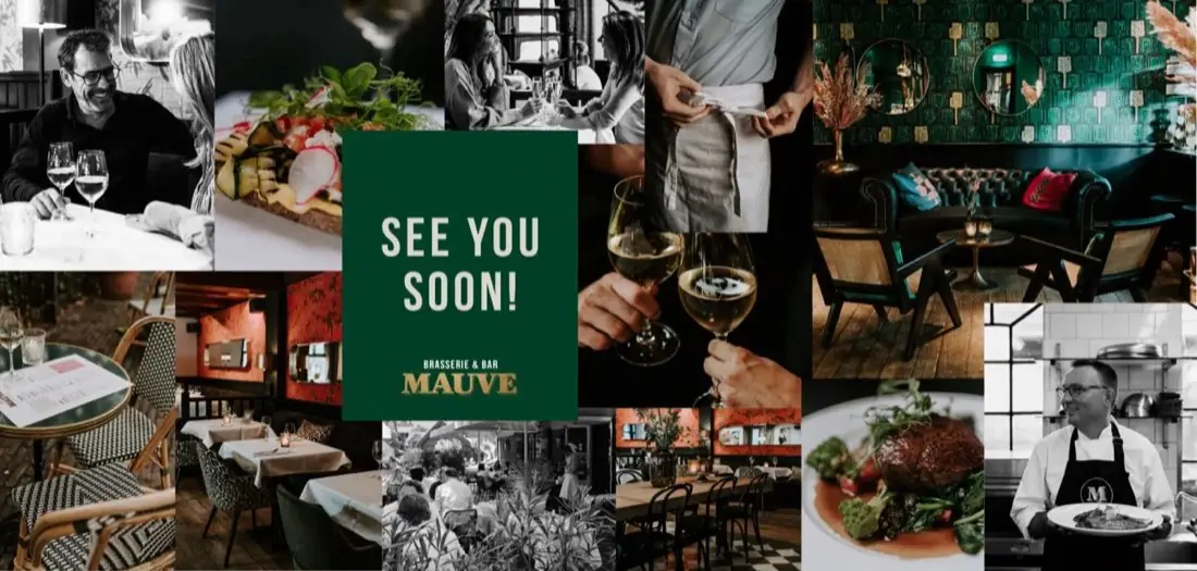 Sfeerbeelden van Brasserie & Bar Mauve in Laren met de tekst See you soon