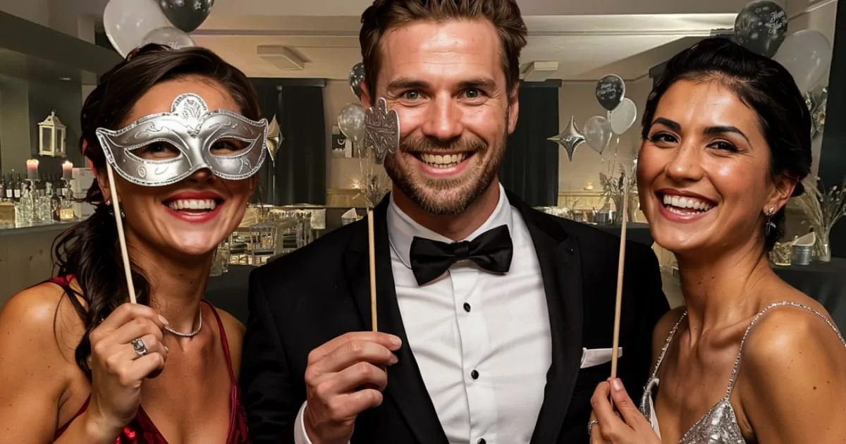 Drie gasten in avondkleding met maskers en rekwisieten op stokjes, op een feest in het interieur van Het Vitus in Blaricum