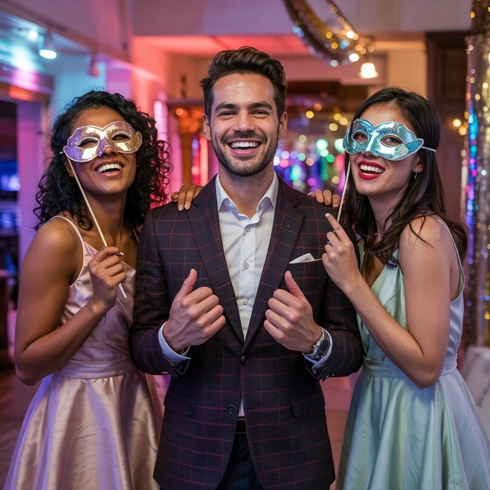 three people posing for photobooth on company event -ai generated