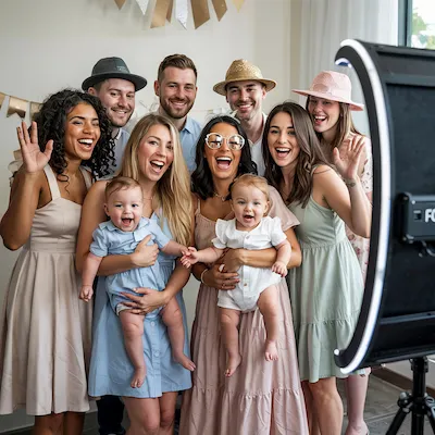 Groep jonge moeders met babies mixed races poseert enthousiast voor een moderne fotobooth,