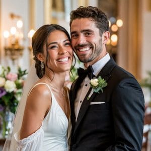 A wedding party portrait of a couple in a head-and-shoulder shot.