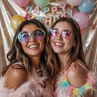 A birthday portrait photograph of two people posing with oversized sunglasses and colorful feather boas