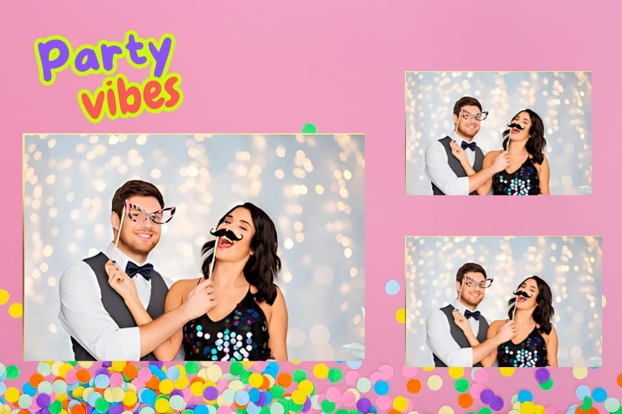 Fotokaart met ballonnen en confetti
